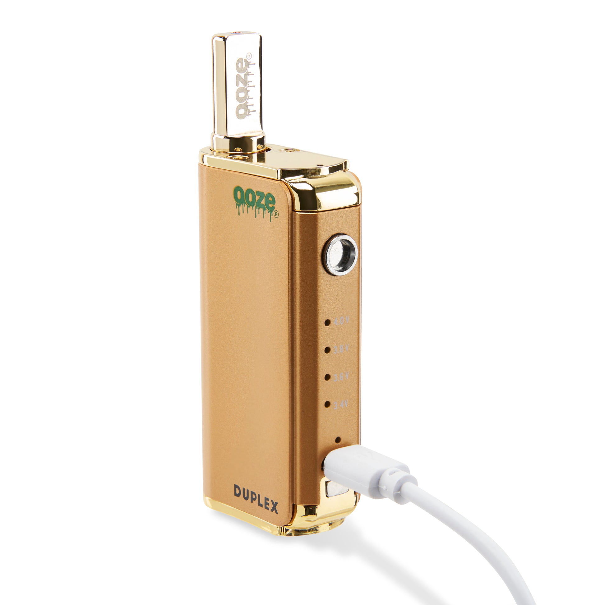 The Lucky Gold Ooze Duplex Pro Vaporizer is shown with the magnetic button removed and the type-c charging cable is plugged in.