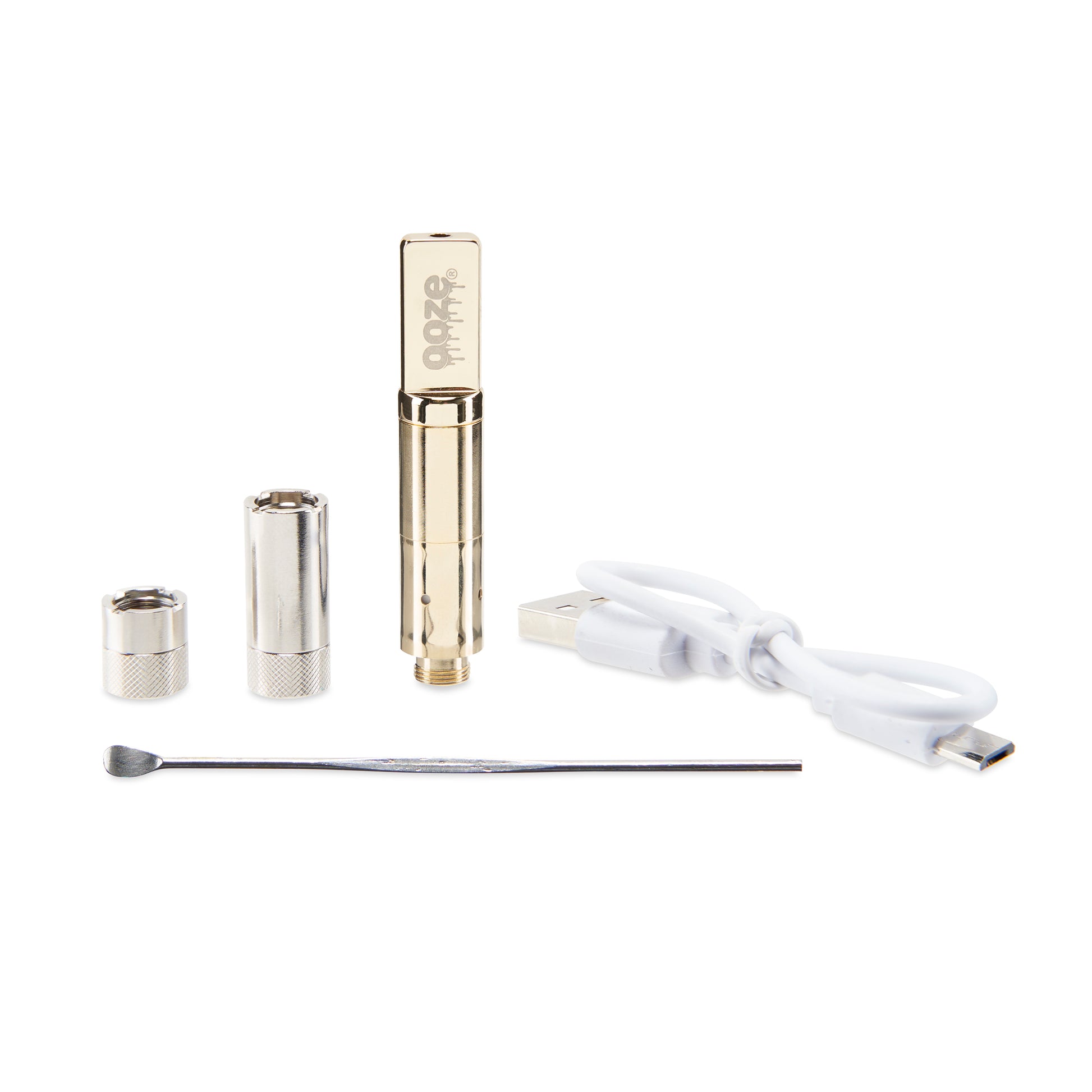 The Lucky Gold Ooze Duplex Pro Vaporizer's accessories are shown neatly lined up. The 0.5g adapter and 1ml adapter are next to the gold wax atomizer, which is next to the white type-c charging cable. The dab tool lies in the front.