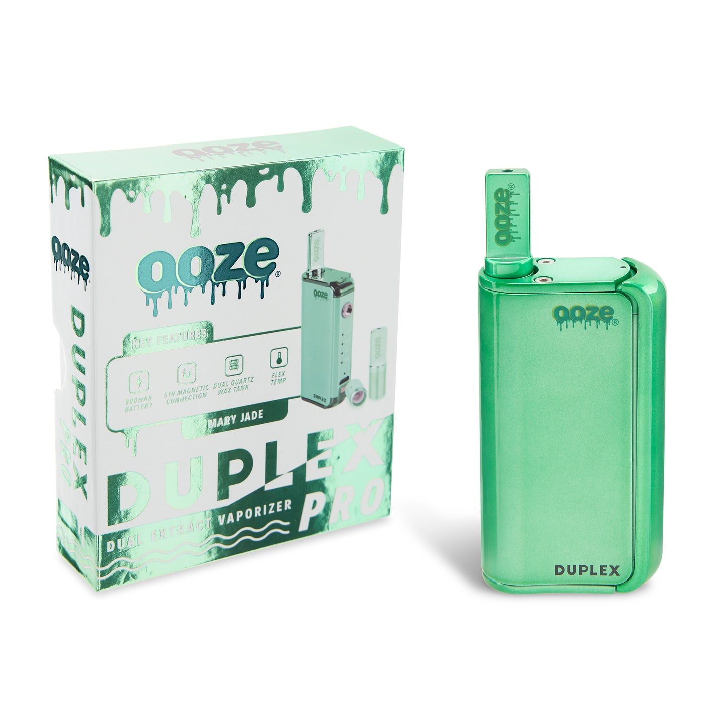 The Mary Jade Ooze Duplex Pro Vaporizer is shown next to the packaging with the wax atomizer inserted.