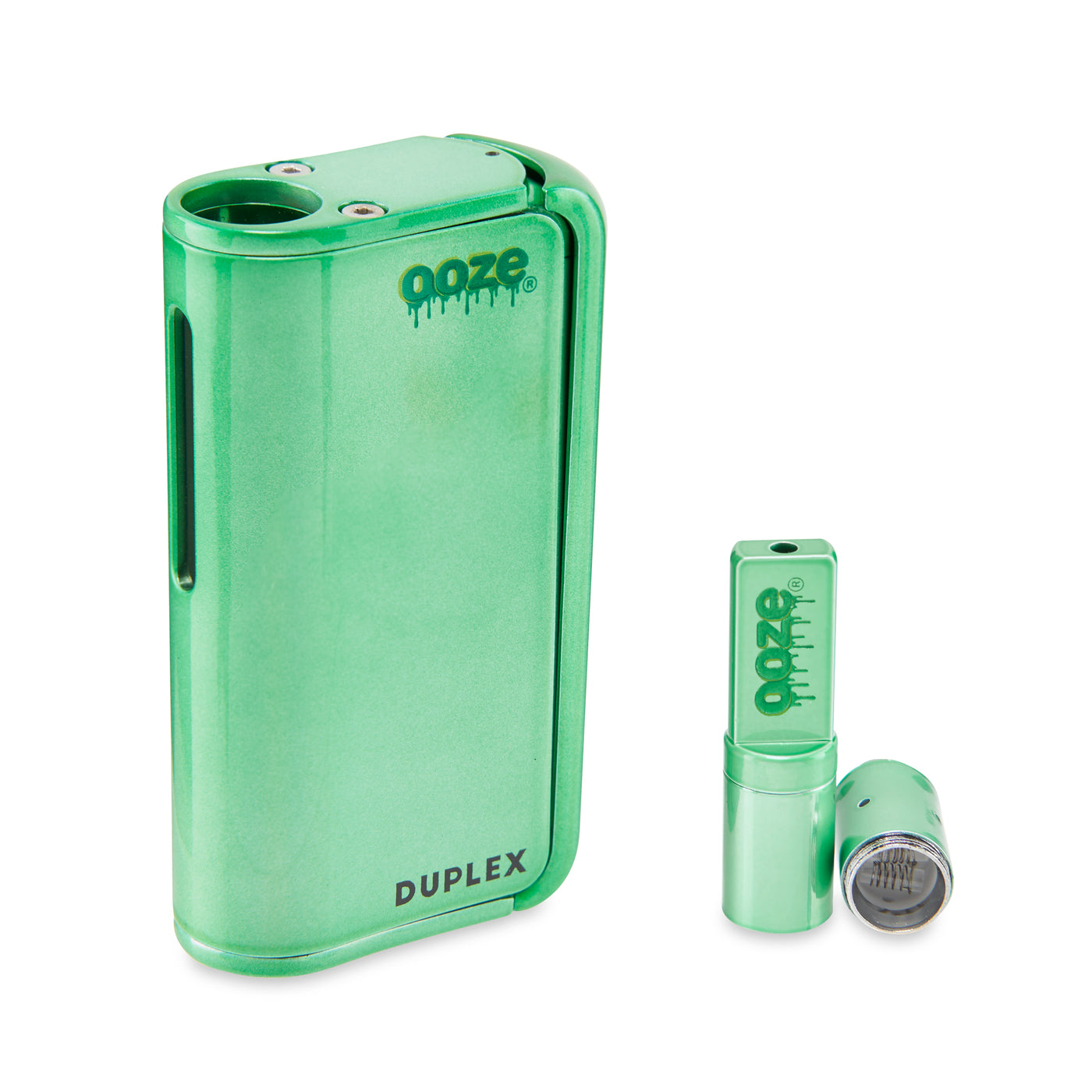 The Mary Jade Ooze Duplex Pro Vaporizer is shown on an angle with the wax atomizer to the right, unscrewed to show the dual quartz coil.