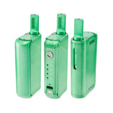 Three of The Mary Jade Ooze Duplex Pro Vaporizers are in a line. The right has the magnetic button attached, the middle has it off, and the right shows the opposite side of the device.