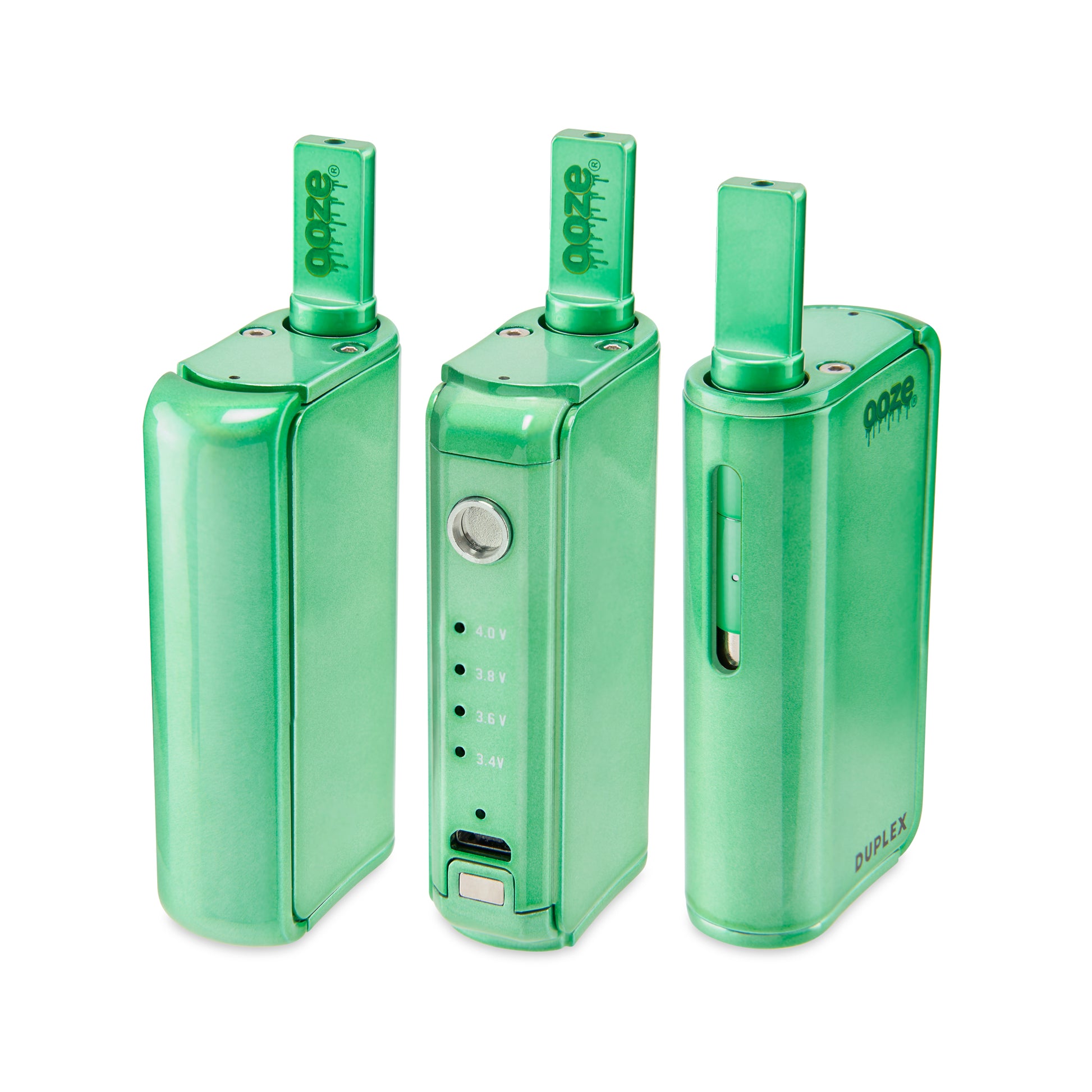 Three of The Mary Jade Ooze Duplex Pro Vaporizers are in a line. The right has the magnetic button attached, the middle has it off, and the right shows the opposite side of the device.