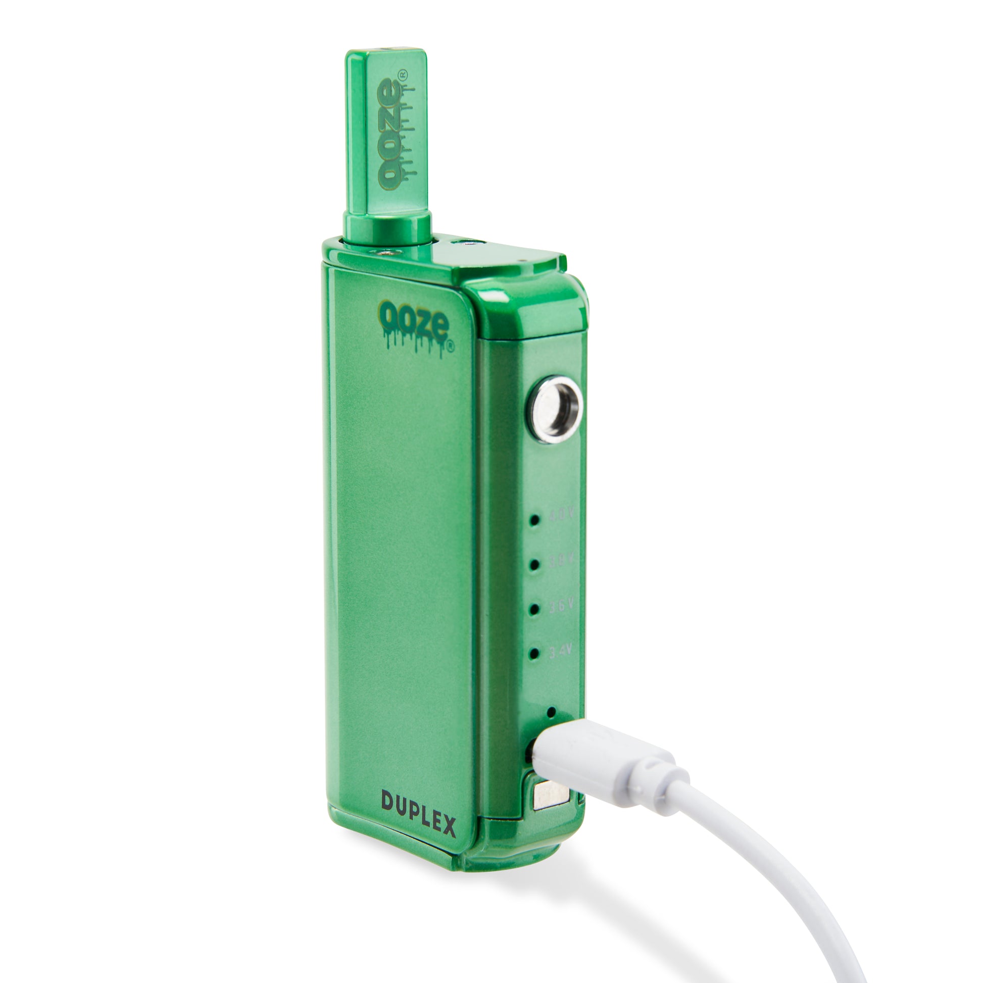 The Mary Jade Ooze Duplex Pro Vaporizer is shown with the magnetic button removed and the type-c charger plugged in.