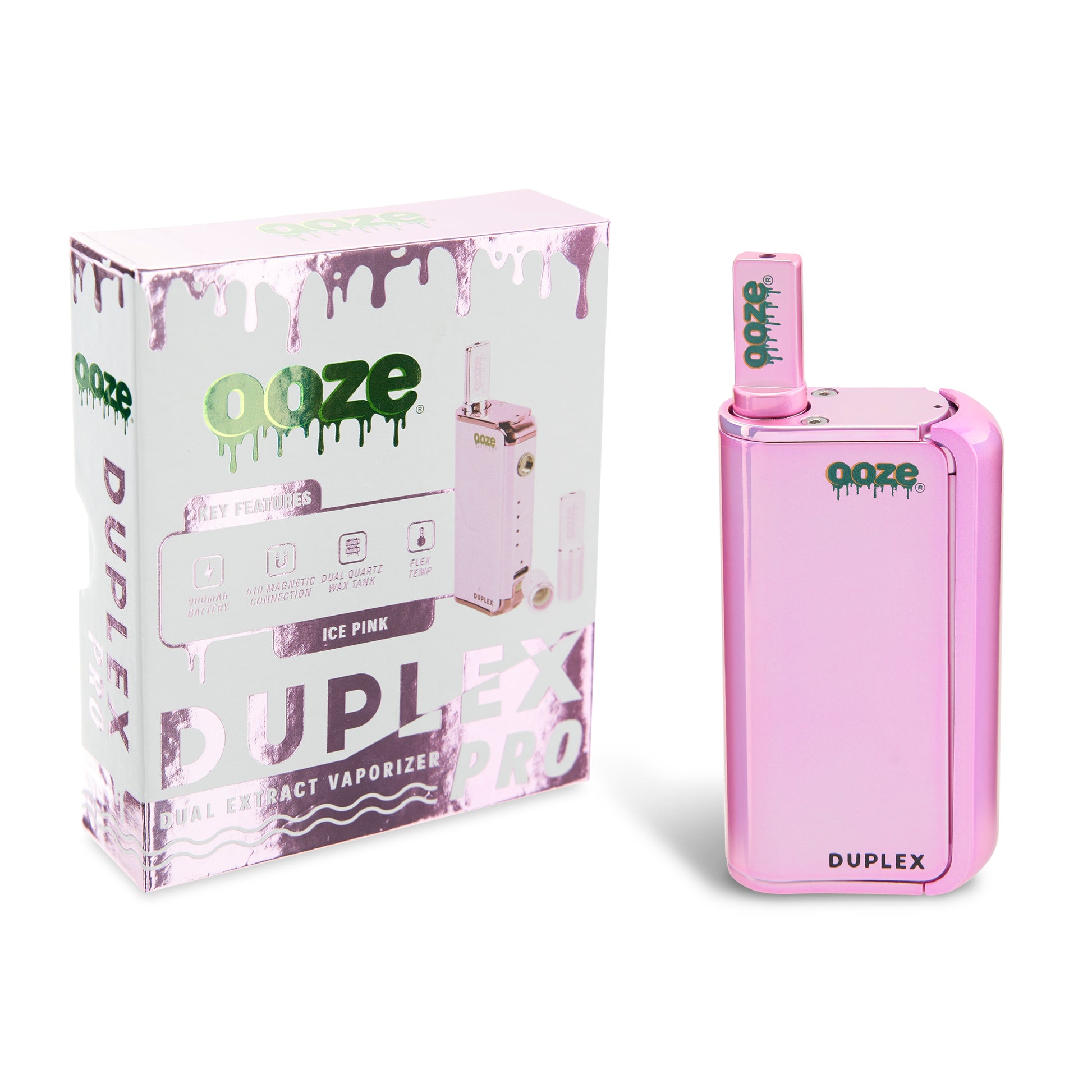 The Ice Pink Ooze Duplex Pro Vaporizer is shown next to the packaging with the wax atomizer inserted.