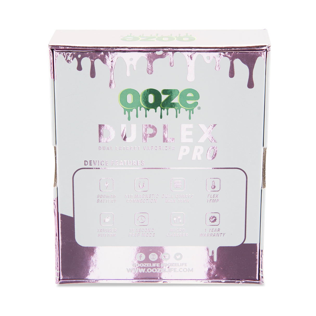 The back of the packaging for The Ice Pink Ooze Duplex Pro Vaporizer.