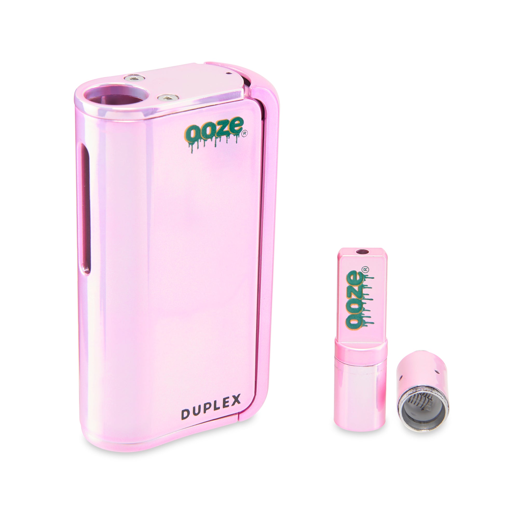 The Ice Pink Ooze Duplex Pro Vaporizer is shown on an angle next to the wax atomizer that is unscrewed to show the dual quartz coil.