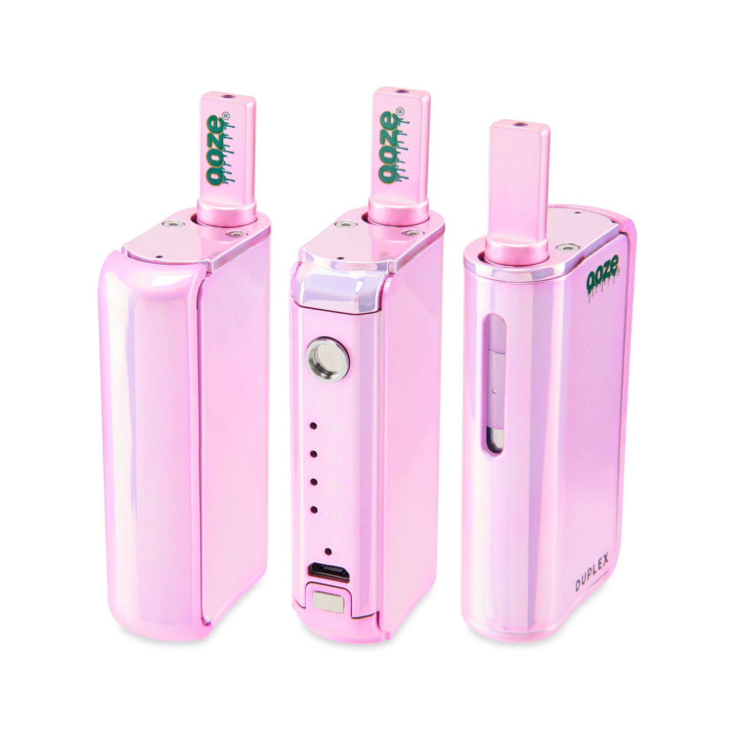 Three of The Ice Pink Ooze Duplex Pro Vaporizers are in a line. The right has the magnetic button on, the middle has it off, and the left shows the opposite side of the device.