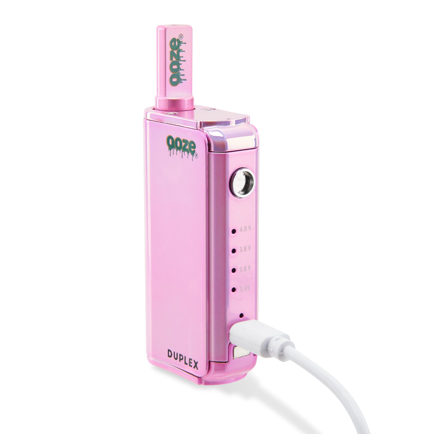 The Ice Pink Ooze Duplex Pro Vaporizer is shown with the magnetic button removed and the type-c charger plugged in.