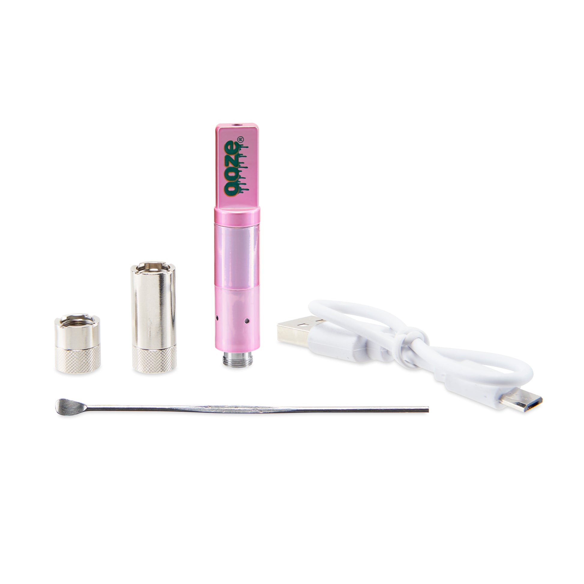The Ice Pink Ooze Duplex Pro Vaporizer's accessories are in a neat line. the 0.5g adapter and 1ml adapter are next to the pink wax atomizer, which is next to the white type-c charger. The dab tool lies in the front of the group.