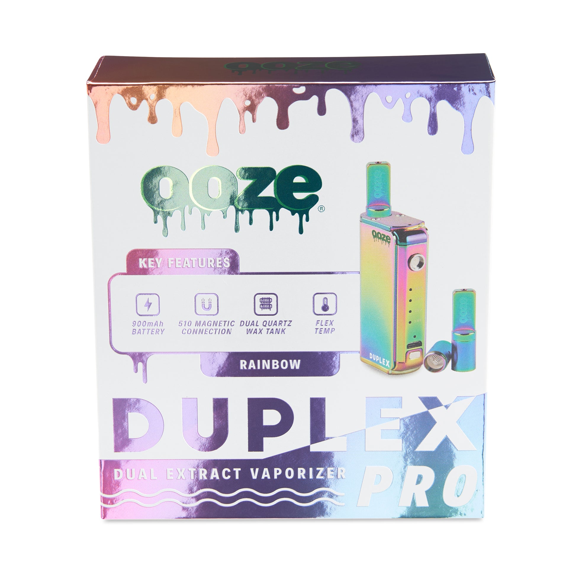 The front of the packaging for The Rainbow Ooze Duplex Pro Vaporizer