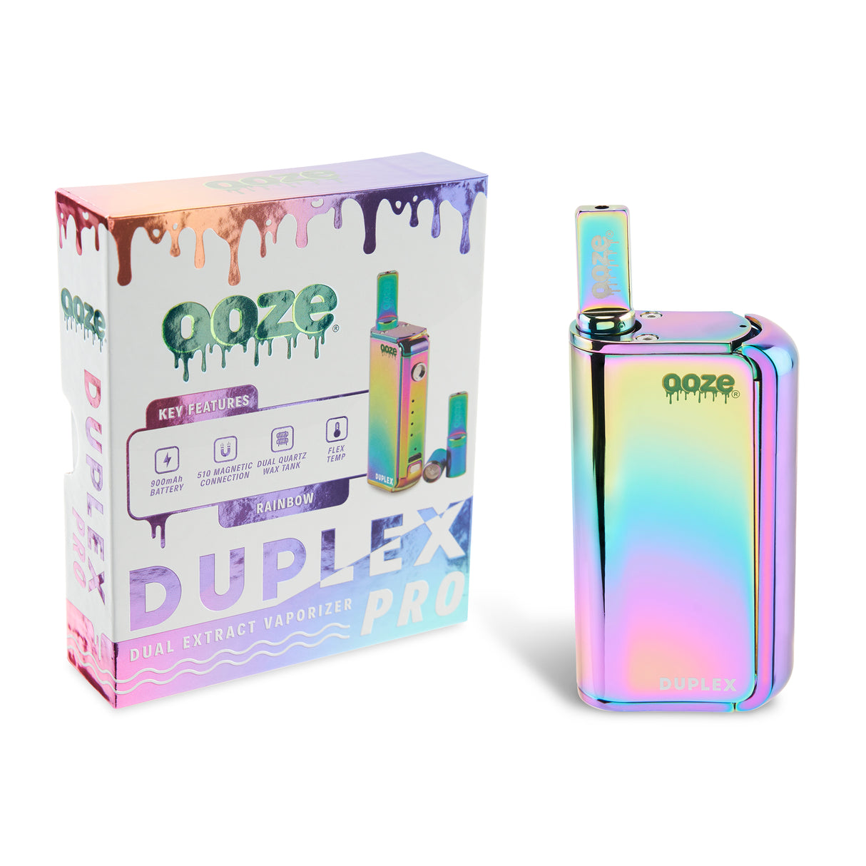 The Rainbow Ooze Duplex Pro Vaporizer is shown next to the packaging with the wax atomizer inserted