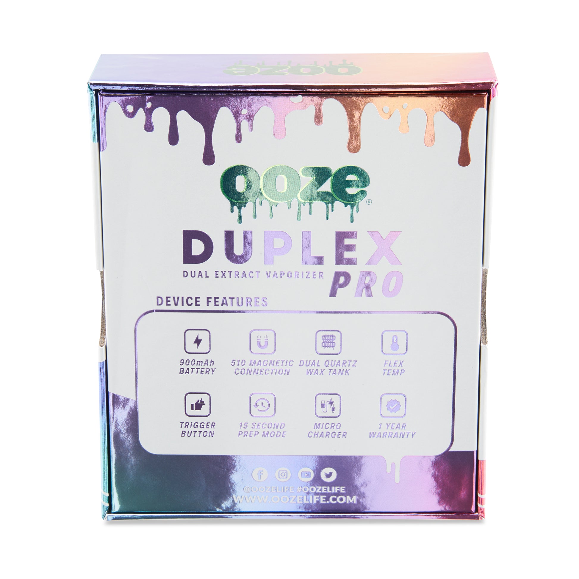 The back of the packaging for The Rainbow Ooze Duplex Pro Vaporizer.