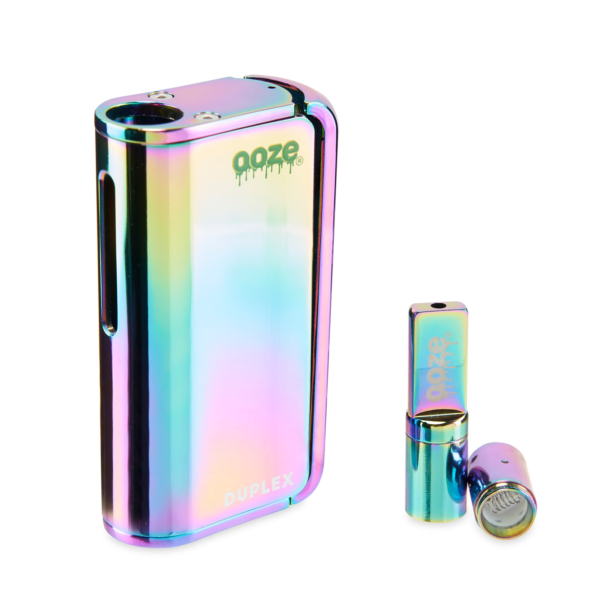 The Rainbow Ooze Duplex Pro Vaporizer is shown on an angle with the wax atomizer to the right, unscrewed to show the dual quartz coil.