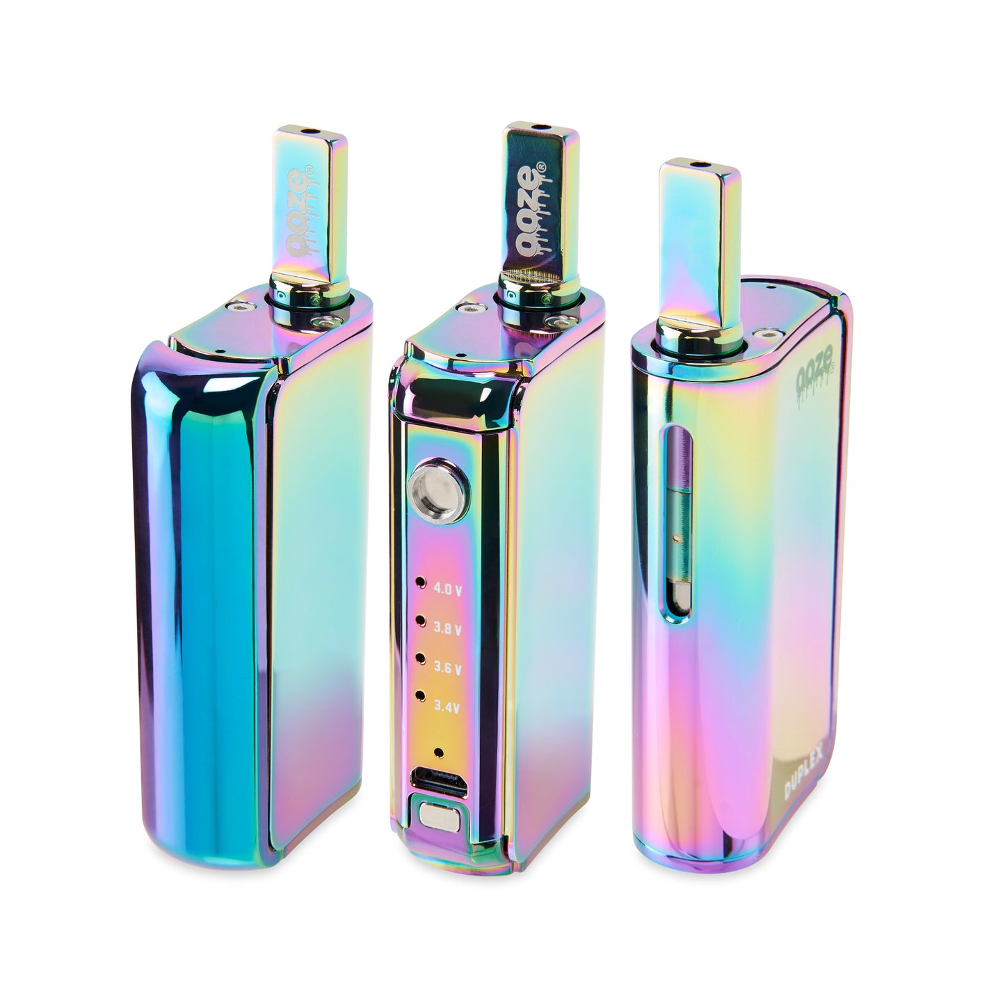 Three of The Rainbow Ooze Duplex Pro Vaporizers are in a line. The left has the magnetic button attached, the middle does not, and the right shows the opposide side of the device. 
