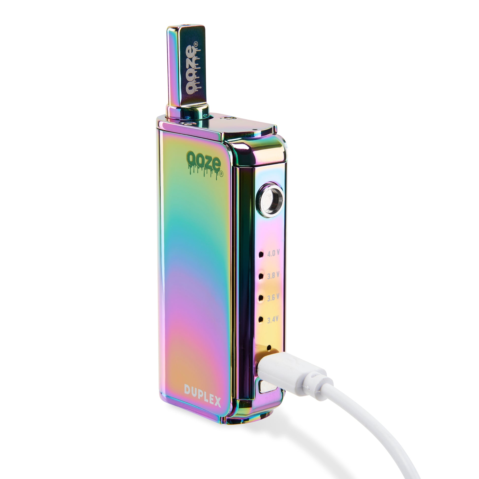 The Rainbow Ooze Duplex Pro Vaporizer is shown with the button removed and the type-c charger plugged in.