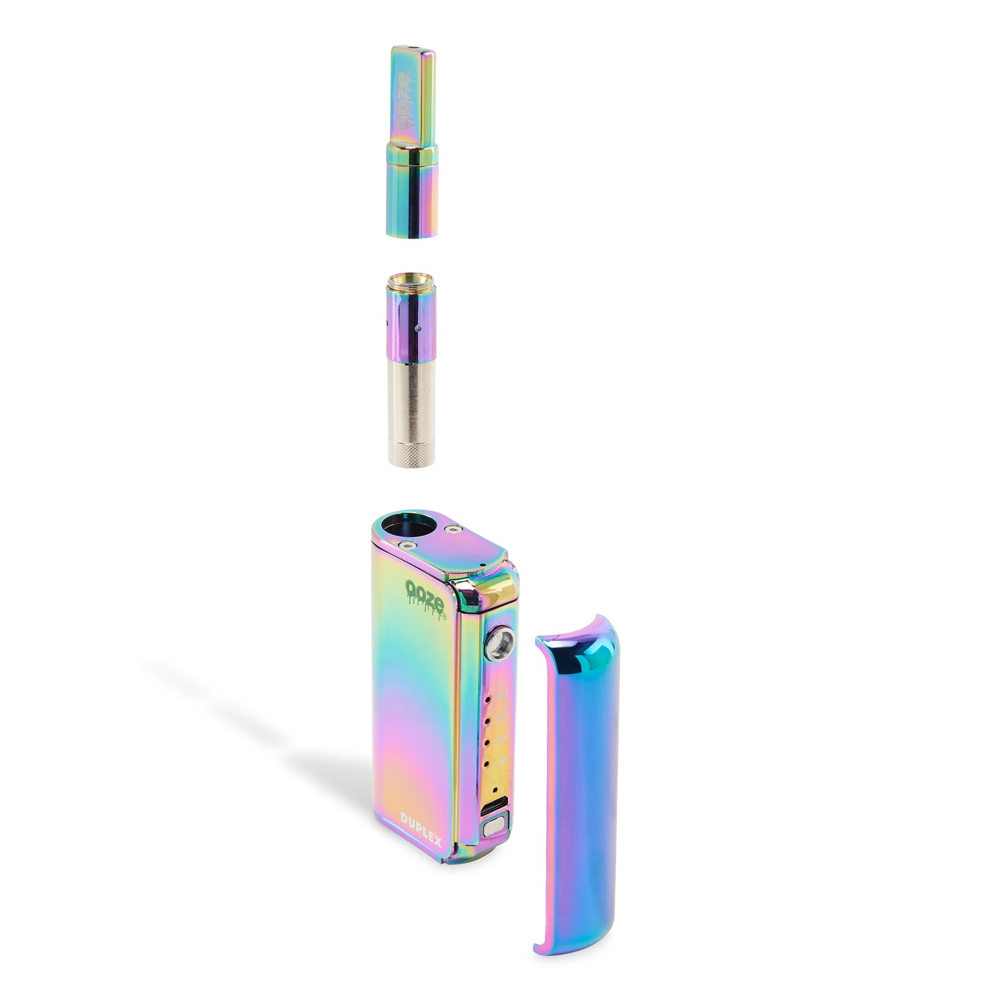 The Rainbow Ooze Duplex Pro Vaporizer is shown disassembled. The wax atomizer and adapter are floating above the chamber and the magnetic button plate is pulled out in front of the device.