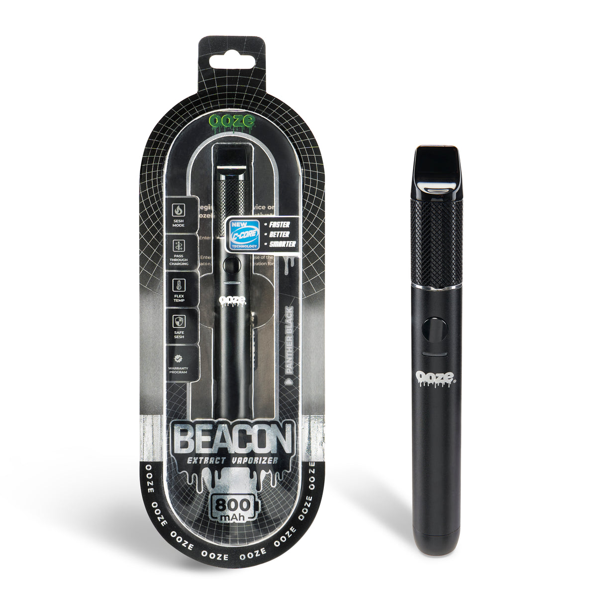 front view of product box and black Beacon dab pen outside of packaging