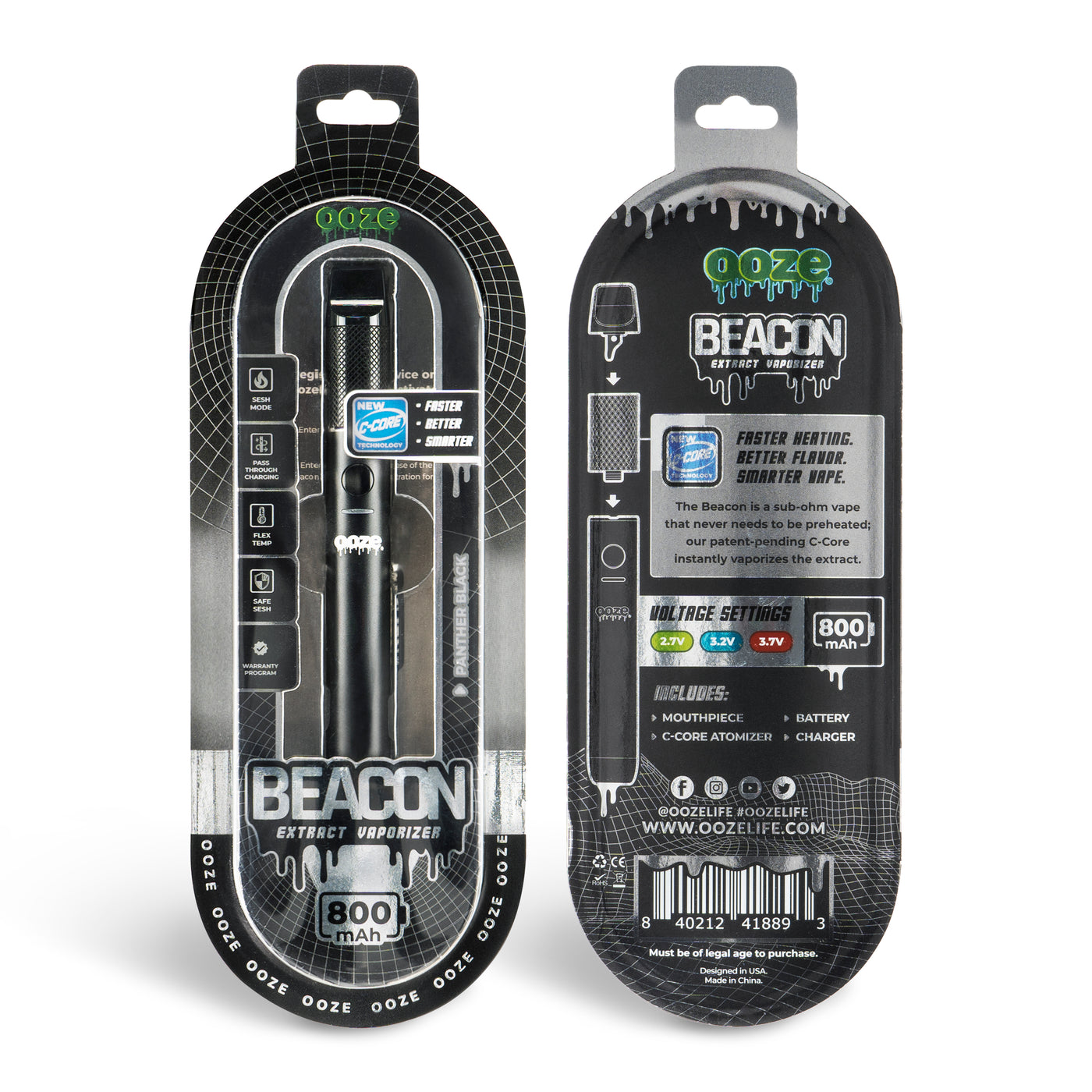 front and back view of black Beacon dab pen packaging