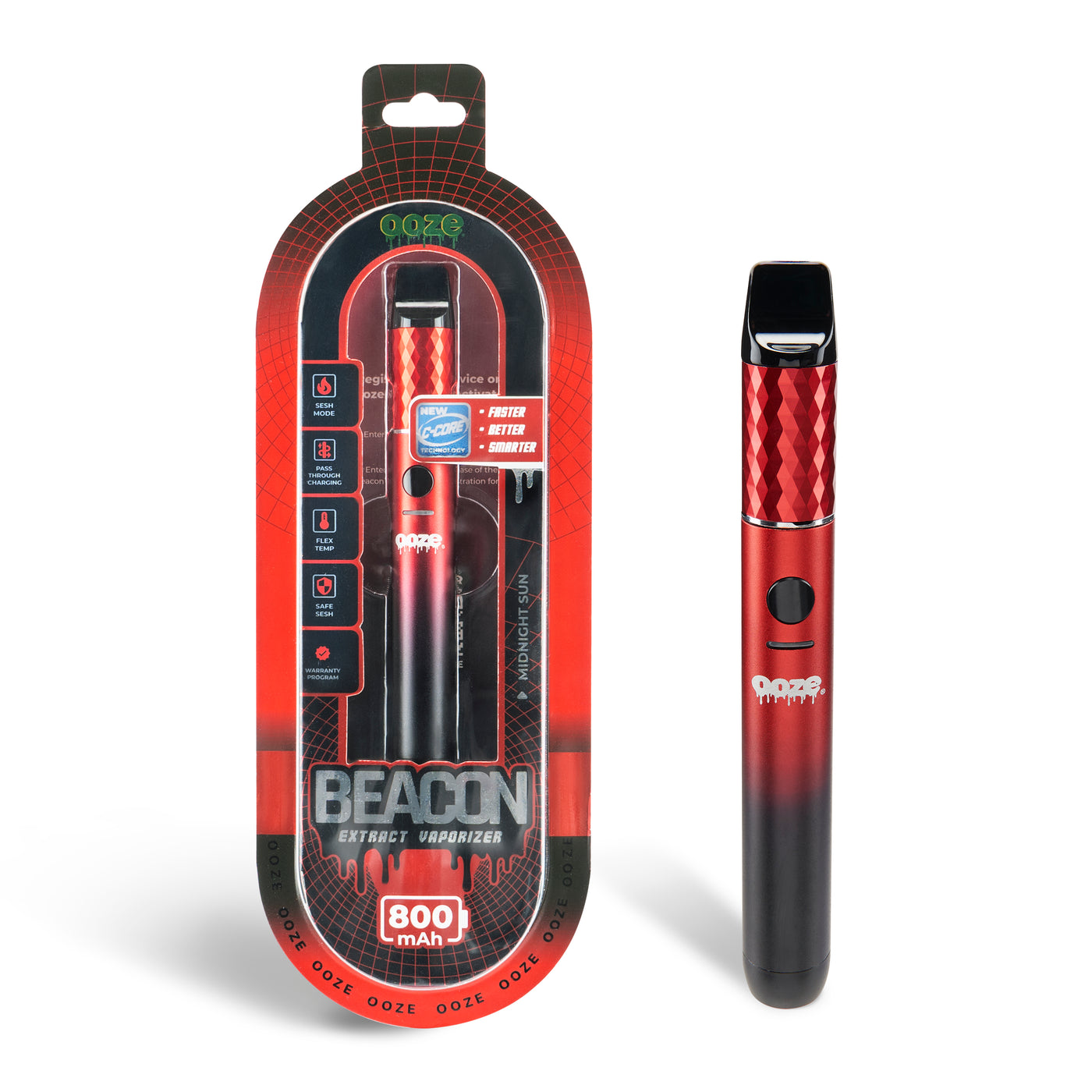 front view of product box and red and black Beacon dab pen outside of packaging