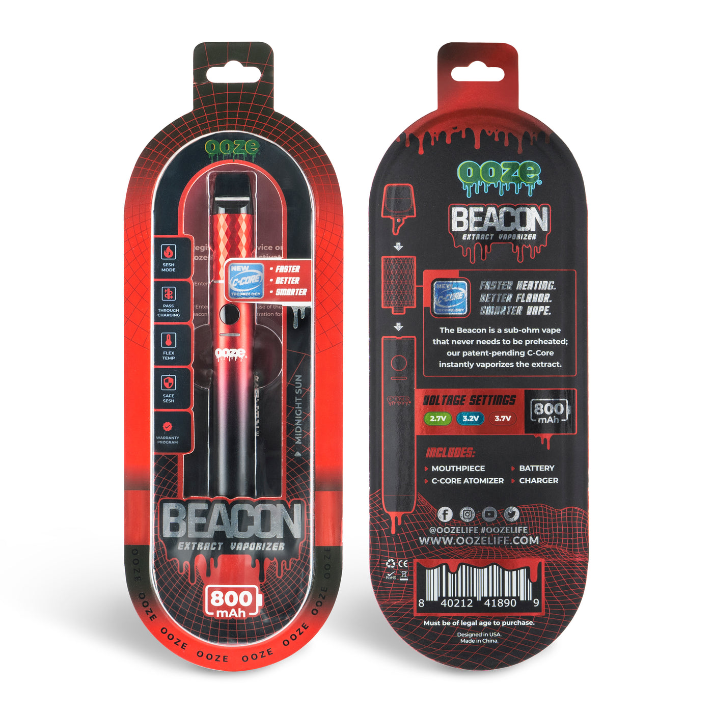 front and back view of red and black Beacon dab pen packaging