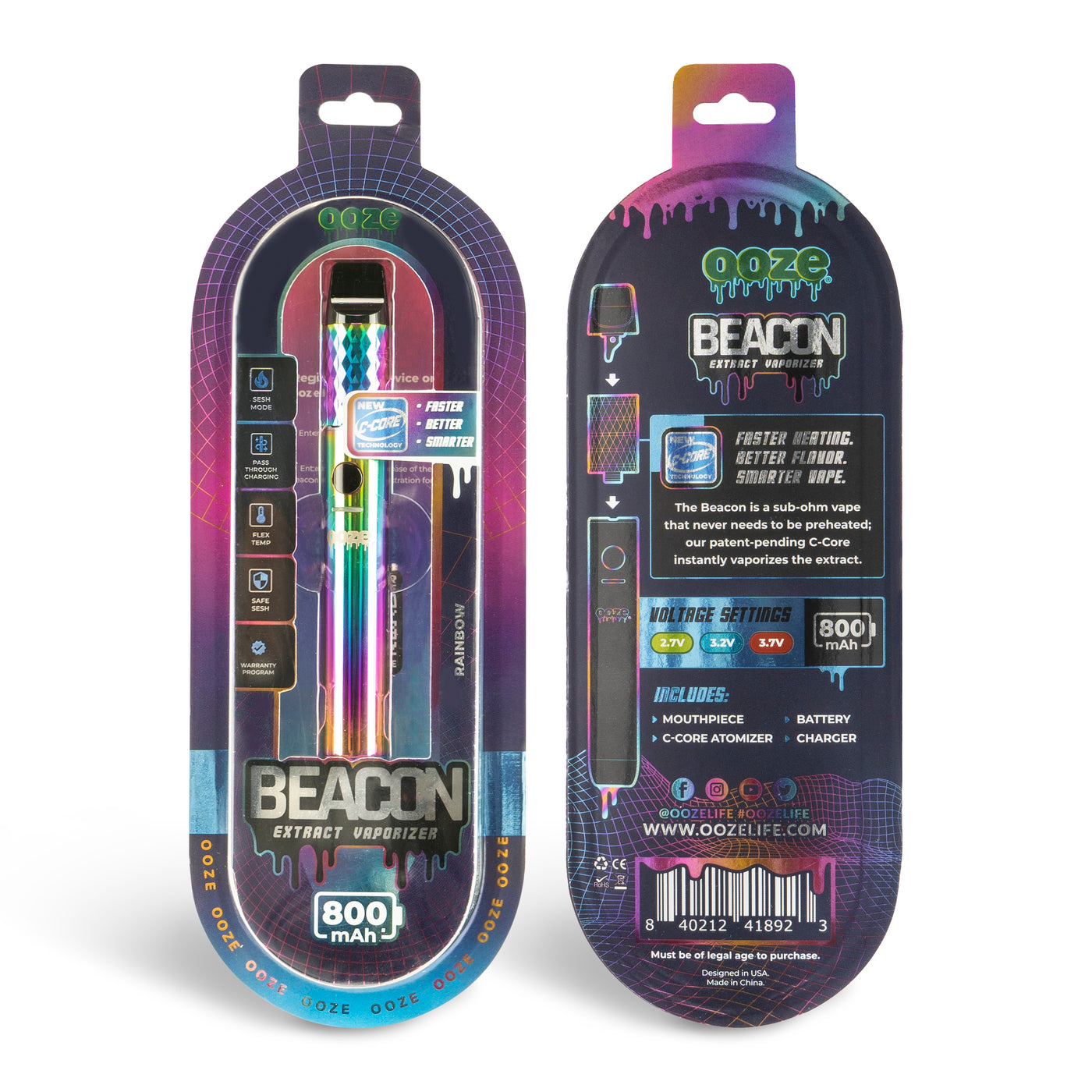 front and back view of rainbow beacon dab pen packaging 