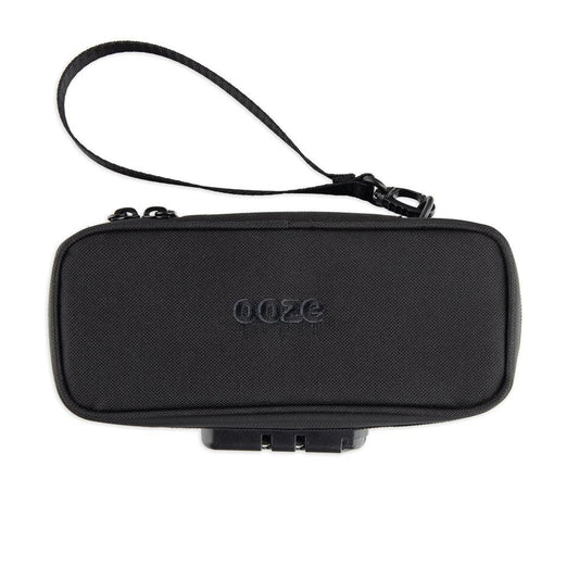 The black Ooze Traveler smell proof travel pouch has the wrist strap attached
