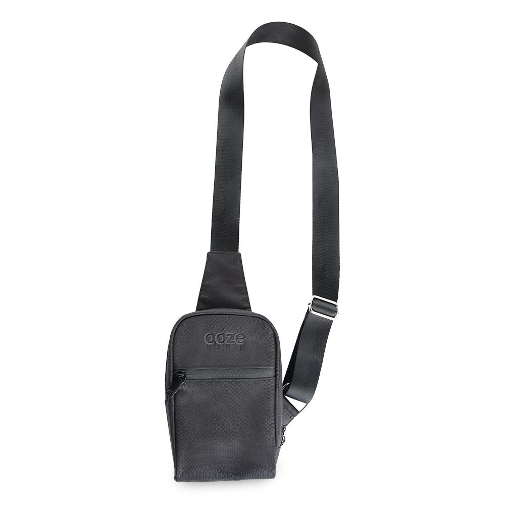 The black Ooze crossbody bag has the strap fully extended