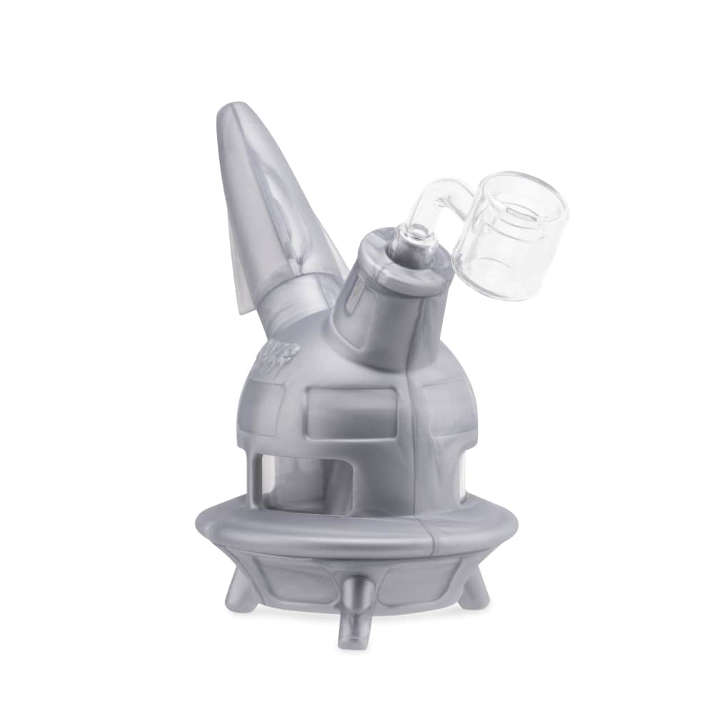 The stellar silver Ooze UFO is displayed on an angle as a dab rig