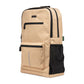 The desert sand Ooze backpack is zipped up and showing the side water bottle pocket