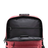 The top of the pocket of the red Ooze backpack is unzipped to show the inner black lining