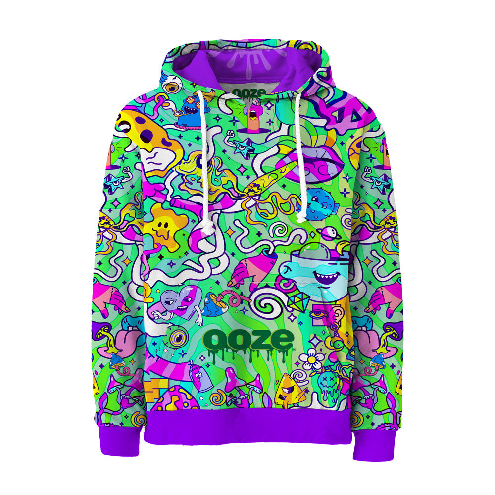The front of the Ooze Chroma All Over hoodie that features the Ooze 2023 Theme of the Year design.