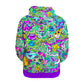 The back of the Ooze Chroma All Over Hoodie that has a bright intricate pattern and bright purple cuff around the bottom.