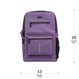 The purple Ooze backpack has dimensions shown: 20 inches tall by 13 inches wide