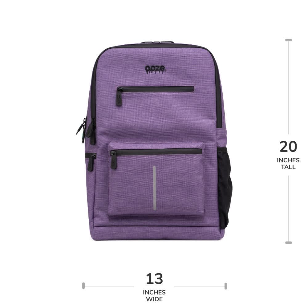 The purple Ooze backpack has dimensions shown: 20 inches tall by 13 inches wide