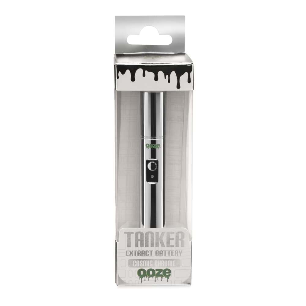 The Cosmic Chrome Ooze Tanker vape battery is shown in the original box.