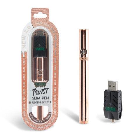 Rose Gold Twist Slim 2.0 Vape Pen Battery inside box with 510 thread battery USB charger attached with additional vape pen battery outside the box