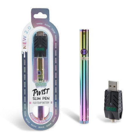 Rainbow Twist Slim 2.0 Vape Pen Battery inside box with 510 thread battery USB charger attached with additional vape pen battery outside the box