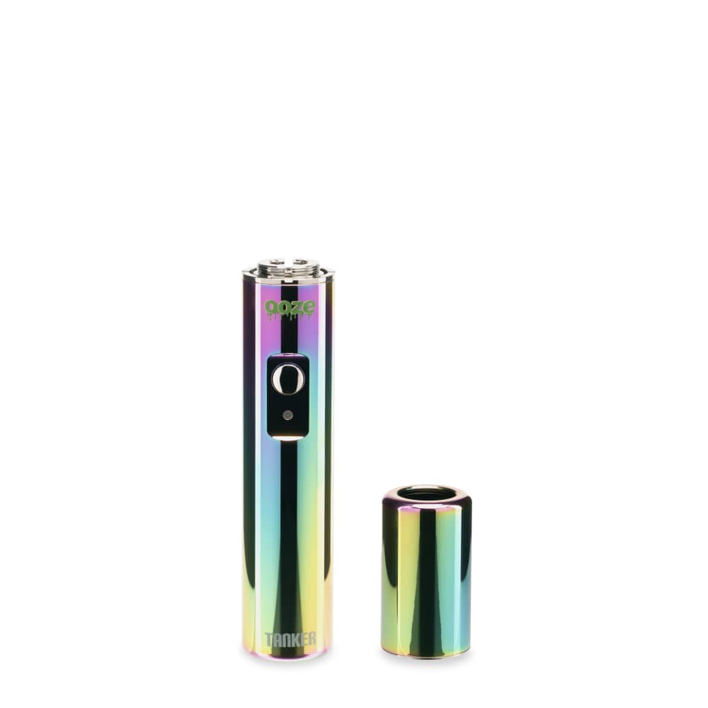 The Rainbow Ooze Tanker vape battery has the thermal chamber unscrewed and next to the device.