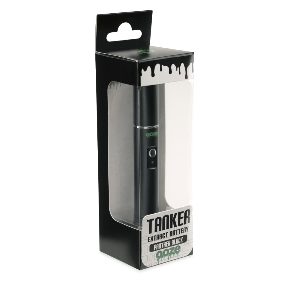 The Panther Black Ooze Tanker vape pen is shown in the original box on an angle.