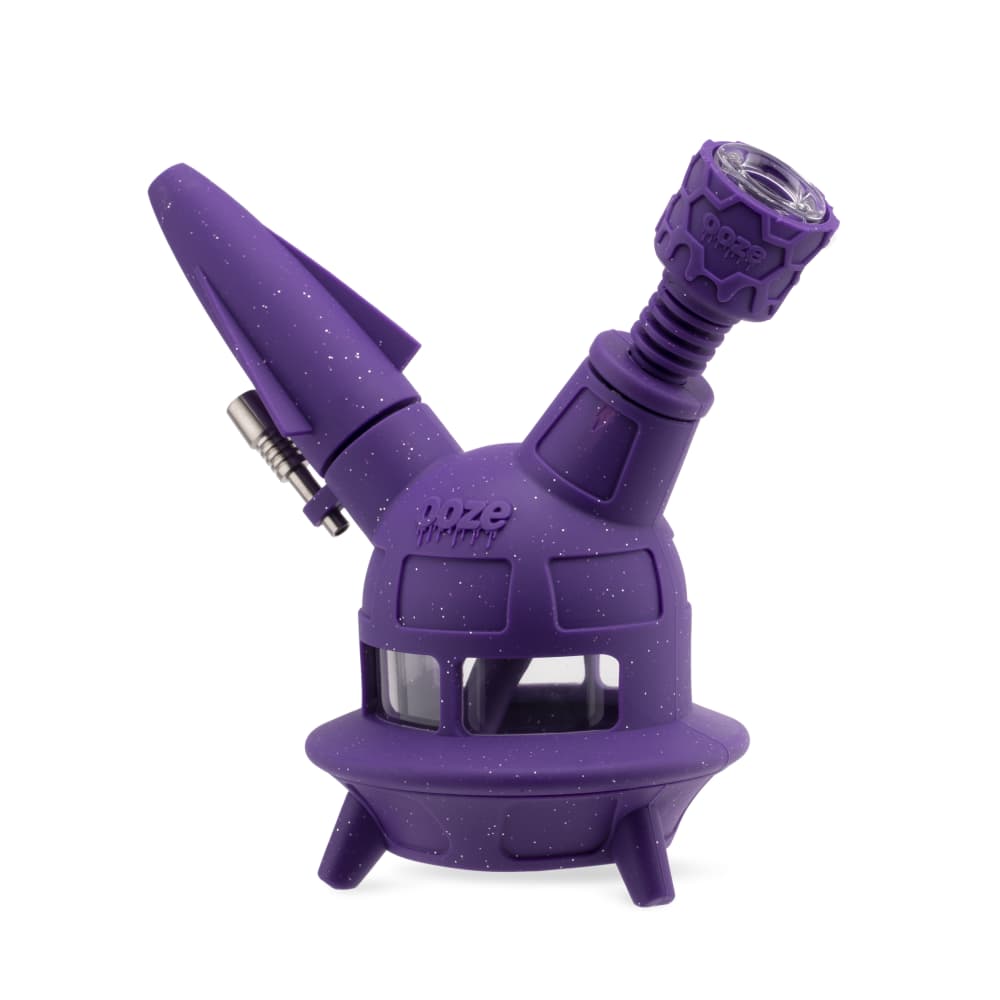 The shimmer purple Ooze UFO is displayed on an angle as a bong