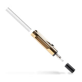  A render shows the deconstructed gold Ooze Pronto in 3 parts: glass mouthpiece, device, and cap