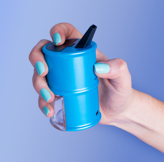 person holding blue Electro Barrel electric dab rig