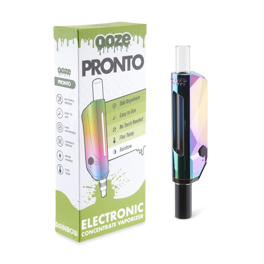 The rainbow Ooze Pronto is displayed to the right of the box