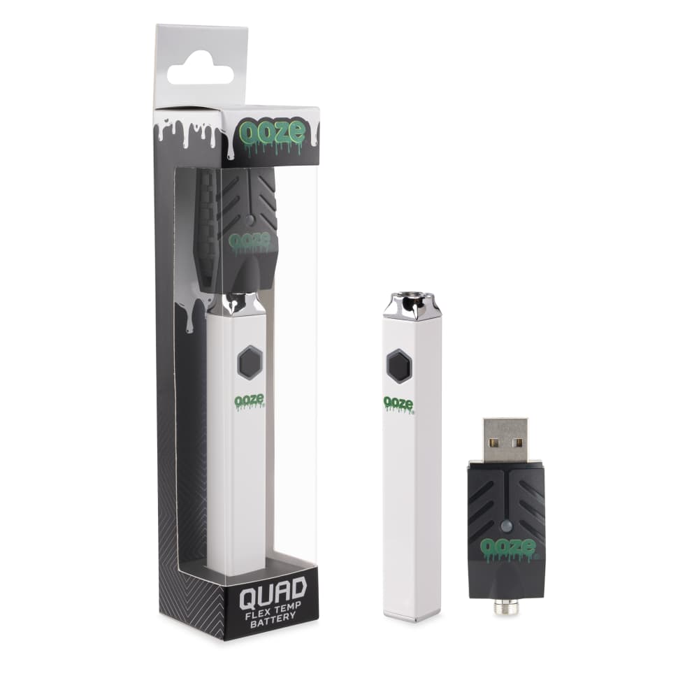 Box with Quad White Square Vape inside and outside with 510-USB charger