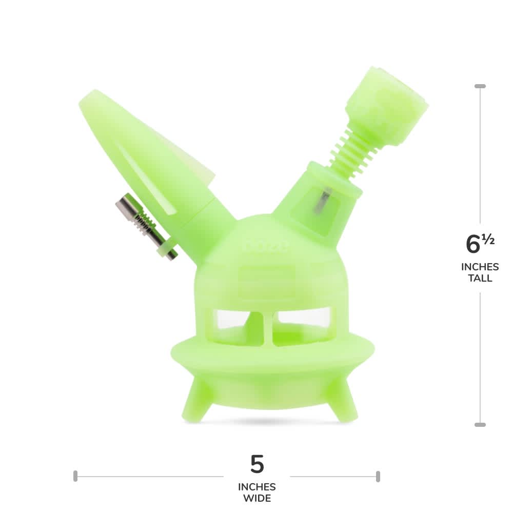 The green glow Ooze UFO has the bowl inserted and the dimensions are shown: 6.5" tall by 5" wide