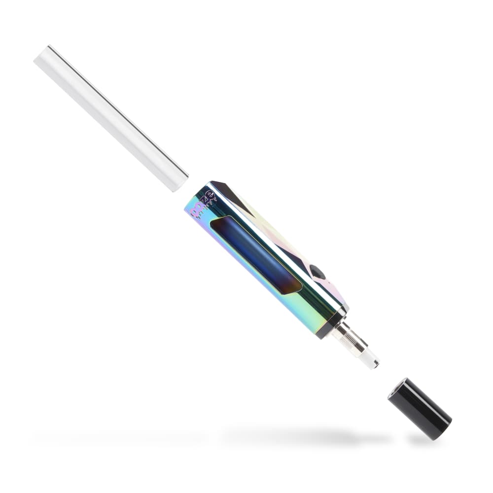 A render shows the deconstructed Ooze Pronto in 3 parts: glass mouthpiece, rainbow device, and cap