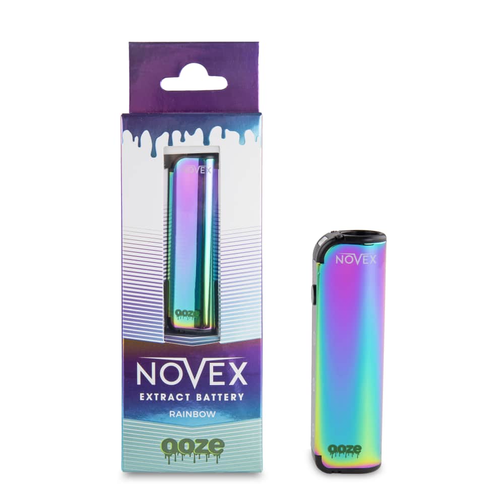 The rainbow Ooze Novex stands to the right of a rainbow Novex in a box