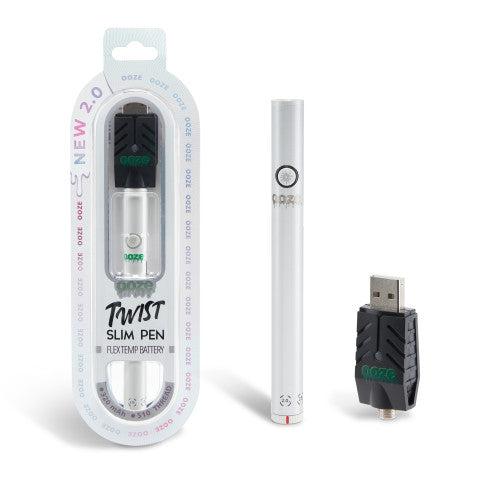 Pearl Twist Slim 2.0 Vape Pen Battery inside box with 510 thread battery USB charger attached with additional vape pen battery outside the box