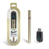 Gold Twist Slim 2.0 Vape Pen Battery inside box with 510 thread battery USB charger attached with additional vape pen battery outside the box