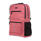 The coral red Ooze backpack is all zipped up and showing the water bottle side pocket